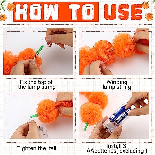 Karenhi 10 Pcs 50 Feet Diwali Marigold Garland with LED Light, Indian Artificial Marigold Flower Garland for Wedding Backdrop Christmas Mantel Dia de Los Muertos Festival Event Decor(Dark Orange) - Image 2