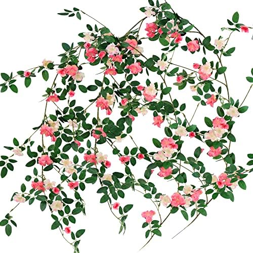FiveSeasonStuff Pink Wild Rose Vine Garland, Two Faux Silk Floral Garlands with Greenery, Bendable Decorative Vines 12 ft Total by FiveSeasonStuff