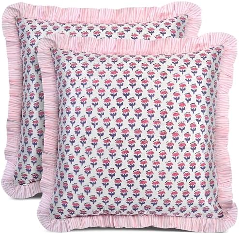 CPC Pink Sapphire Ruffle Throw Pillow Covers for Couch, 20x20 Inch Cotton Stripe Ruffle Couch Pillows for Living Room, Hidden 16 Inch Zipper Boho Pillow Case or Cute Outdoor Pillows by COTTONPRINTCLUB