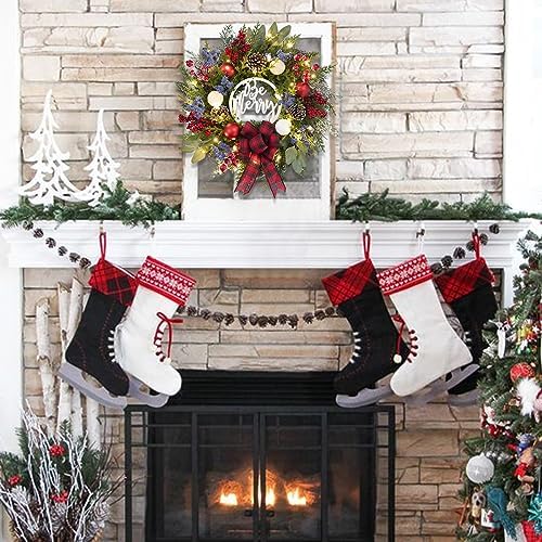 Prelit Christmas Wreath for Front Door Outside,22 inch Be Merry Wreath with red Black Buffalo Plaid Bow,Lighted Farmhouse Christmas decoration-30 LED Light/Timer,Winter Door Wreath, Porch Decor - Image 3