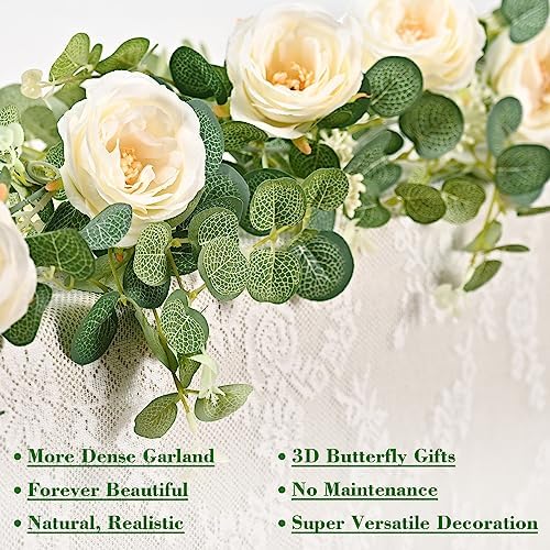 13 Ft Champagne Flower Garland with Butterfly, Fake Eucalyptus Rose Vine - Image 2