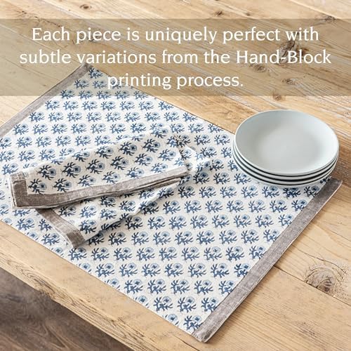 Over&Back Set of 4 Hand-Blocked Placemats - Colorful Dining Table Mat - Each Placemat is Unique - 100% Cotton - Machine Washable - Kitchen and Home Decor - Blue Blossom - Image 3