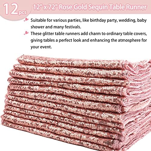12 Packs 12 X 72 Inch Sequin Table Runner Glitter Dining Table Runner for Birthday Wedding Engagement Bridal Baby Shower Bachelorette Holiday Celebration Party Supplies Decorations (Rose Gold) - Image 2