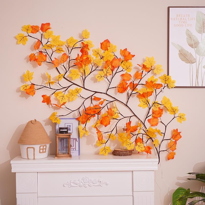 Maple Leaf LED Tree Branch Lights for Wall, Maple Leaf Lights Twig Decor Garland with144 LED Lights and USB Powered, 8 Lighting Modes or Autumn Table Fireplace Porch Thanksgiving Indoor Decor (91in) - Image 3