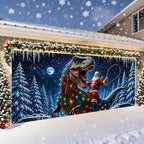 Funny Santa Riding T-Rex Christmas Garage Door Banner 7x16 FT, Large 2-Car Dinosaur Winter Wonderland Outdoor Wall Mural Backdrop, Cool Holiday Hanging Cover Sign Decoration for House Exterior Party - Image 3