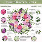 24 Inch Dahlia & Hydrangea Wreath Artificial Spring Wreath for Front Door Floral Wreat with Hyacinth Daisy Eucalyptus Ivy Indoor Outdoor Farmhouse Home Decor for Valentine’s Day Easter Summer - Image 2