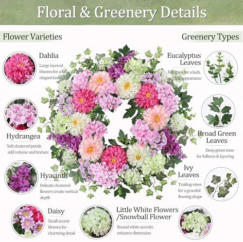 24 Inch Dahlia & Hydrangea Wreath Artificial Spring Wreath for Front Door Floral Wreat with Hyacinth Daisy Eucalyptus Ivy Indoor Outdoor Farmhouse Home Decor for Valentine’s Day Easter Summer - Image 2