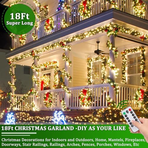 Remote Control&Super Long&8 Modes-18 Ft Prelit Canyon Pine Christmas Garland for Stairs Door Porch Outdoor Indoor Fireplace Mantle,100 Warm White&Colors Switch Lights,Timer,460 Branches Pinecone Berry - Image 5