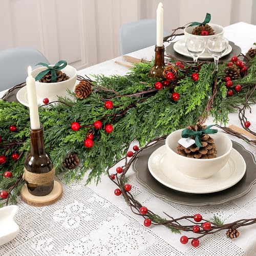 ENVEN Faux Cedar Christmas Garland with Red Berries & Pine Cones – Full Faux Winter Greenery for Holiday Mantel, Staircase, Doorway, Indoor Outdoor Christmas Décor (9FT) - Image 6