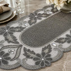 Handmade Beaded Table Runner 13 x 36 Inch, Grey Milky Floral Design, Decorative Dining Table Accent - Image 2