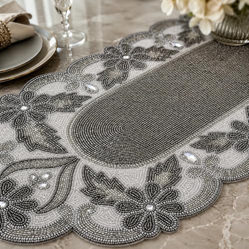 Handmade Beaded Table Runner 13 x 36 Inch, Grey Milky Floral Design, Decorative Dining Table Accent - Image 2