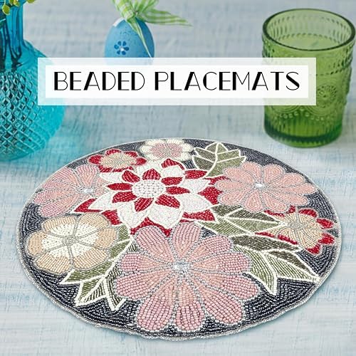 Beaded Placemats for Dining Table Flower Design Red Multi Set of 2- Measure 13 Inches Beaded Placemats Round for Gathering, Christmas, Thanksgiving - Occasional Decoration - Image 2