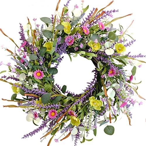 Idyllic 20 Inch Spring Summer Wild Flower Artificial Daisy Front Door Wreath, Everyday Greenery Eucalyptus Leaves for Indoor and Outdoor Use, Rustic Farmhouse Style Home Wreath Decor by idyllic