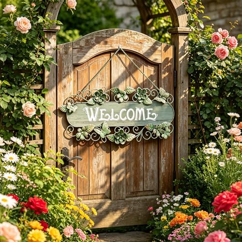 24.4"L Vintage Metal & Wood Hanging Welcome Sign, Rustic Farmhouse Distressed Wall Decor with Flower & Butterfly, Outdoor Decoration for Garden Porch Patio Yard by Unknown