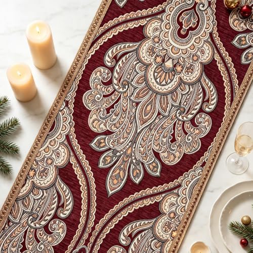 Luxury Burgundy Jacquard Damask Table Runner 120 Inch for Wedding - Image 3