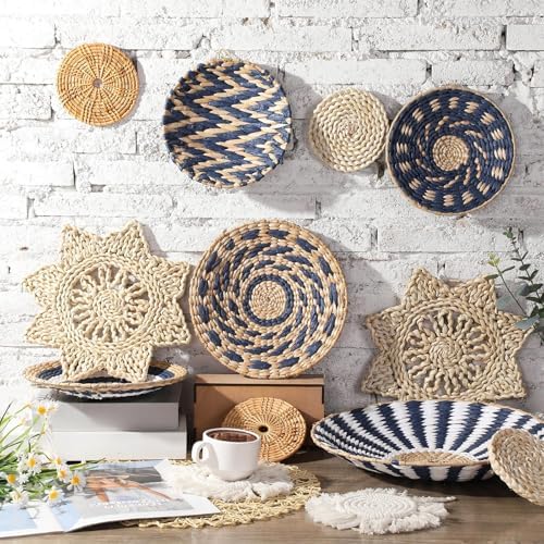 15 Pcs Boho Rattan Wall Baskets Hanging Decor, Blue Style - Image 2
