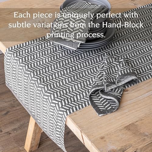 over&back 18x108 Hand-Blocked Printed Cotton Table Runner - Washable Table Runners for a Custom Home Decor Tablescape - Perfect for Coffee Table, Dinner Table, Living Room, and More - Grey Herringbone - Image 3