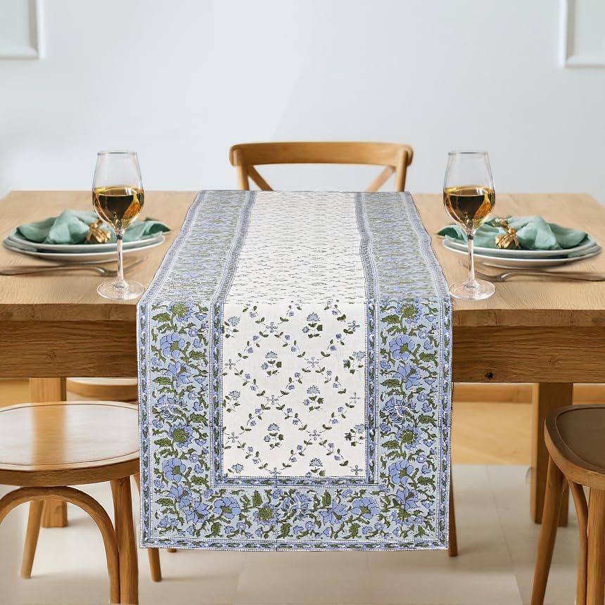 Ridhi Hand Block Print Table Runner Powder & Pigeon Blue 16x106 in by Ridhi