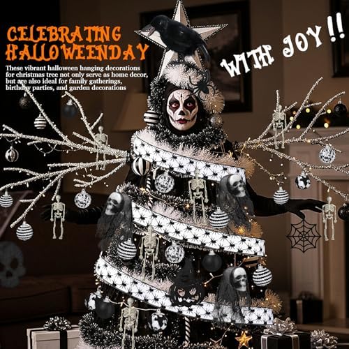 Halfchet 43 Pcs Halloween Hanging Tree Ornaments Decorations Skeleton Skull Ghost Realistic Crow Ball Hanging Ribbon Spider for Halloween Party - Image 5