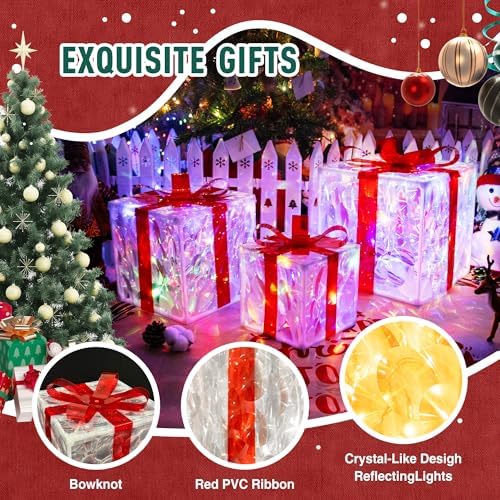 Set of 3 Christmas Lighted Gift Boxes with 50 LEDs,Outdoor Christmas Decorations,8 Modes RGBW Lights,Battery Operated Light Up Present Boxes for Christmas Trees Indoor Outdoor Home Yard Lawn Decor - Image 6