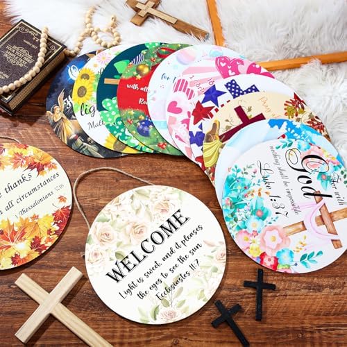 Geelin 12 Pcs Christian Seasonal Sign 12 Inch Easter Jesus He Is Risen Door Decoration Religious Cross Wood Wreath Spring Wall Hanging Art for 4th July Summer Outdoor Decor - Image 2