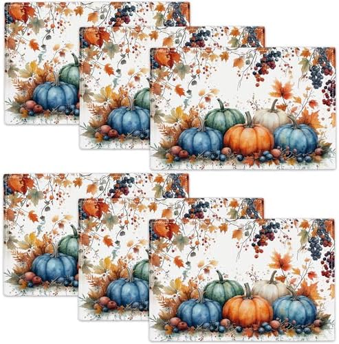 Fall Pumpkin Placemats Set of 6, 12x18 Inch Autmun Maple Leaf Table Place Mat Farmhouse Seasonal Washable Non-Slip Heat Resistant Fabric Placement Mats for Party Dining Kitchen Indoor Outdoor Decor by UIAMT