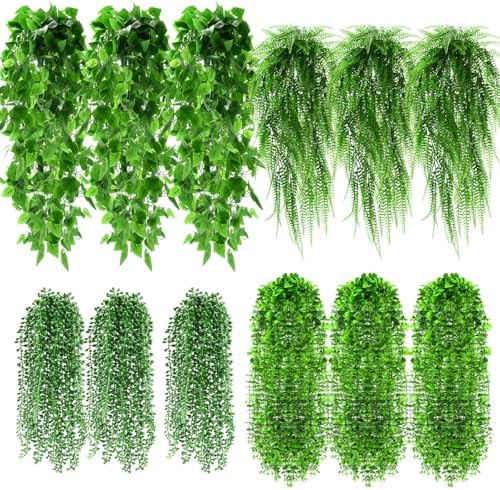 Daifunli 12 Pcs Artificial Hanging Plants Fake Hanging Ferns Plastic Faux Plants for Wall Room Garden Garland Indoor Outdoor Decor No Basket (Boston,Eucalyptus,Ivy Vine,String of Pearls) by Huiinen