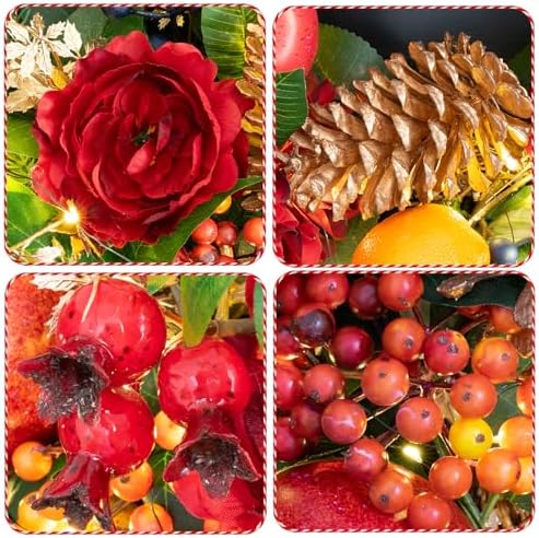 Christmas Wreaths for Front Door with Lights 24 Inch Christmas Wreath with Red Flowers, Apples, Oranges, Pine Cones, Berries and Greenery – Holiday Wreath Front Door Indoor Outdoor Winter Décor - Image 3