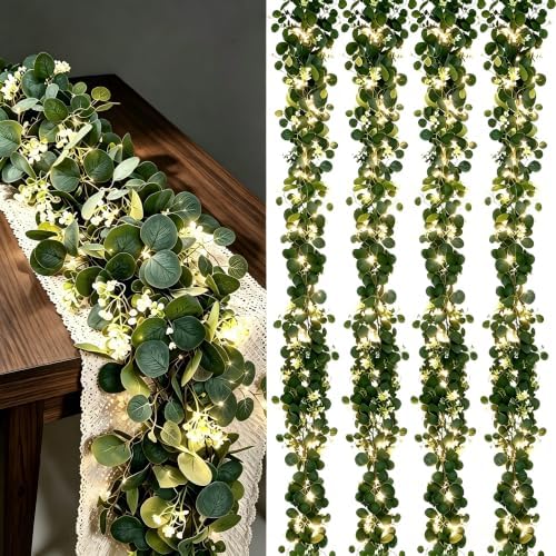Eucalyptus Garland with Lights, 4 Packs 6FT Green Flower Garland Decor, Artificial Faux Eucalyptus Leaves Greenery Vines for Table Runner Wedding Centerpieces Backdrop Decorations (Warm Color) by Unknown