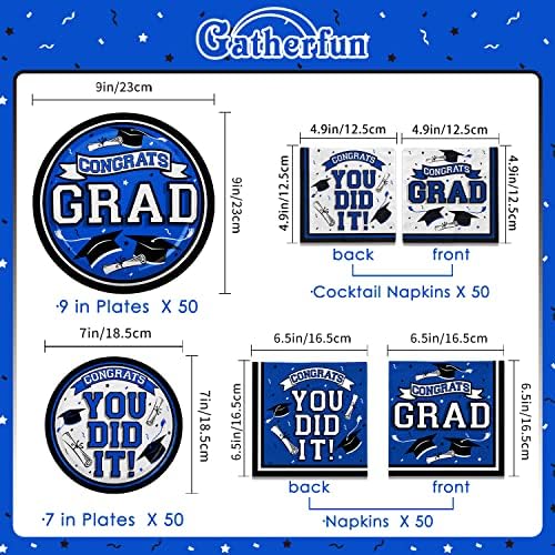 Graduation Party Supplies Dinnerware Set blue Disposable dinner paper plates dessert paper plates and Napkins for Congrats Grad Party Decorations, Serve 50 - Image 2