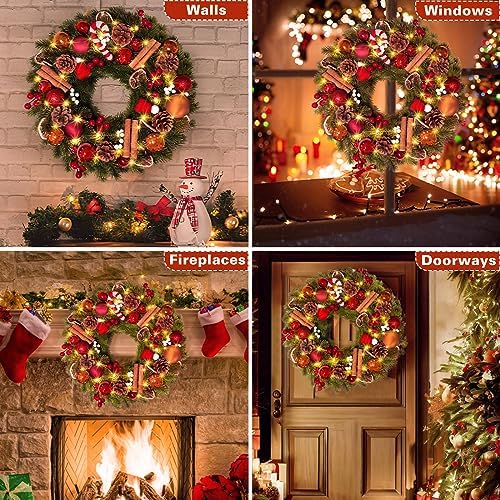 Quntis 16 Inch Christmas Wreath with 40 Lights 8 Modes, Lovely Christmas Door Wreath Decorations Artificial Xmas Wreath with PineCones Dried Lemon Pieces, Winter Wreaths Outdoor Porch Fireplace Window - Image 6