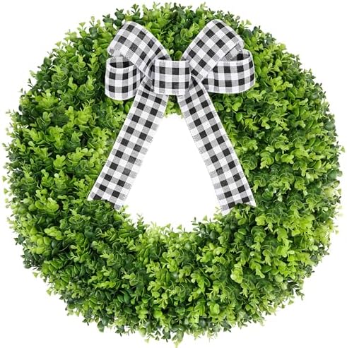 Vlorart 28" Faux Round Boxwood Wreath, Artificial Large Boxwood Wreath Front Door Wreaths Artificial Spring Summer Greenery Hanging with A Plaid Bow for Villa Wall Hanging Window Wedding Party Decor by Vlorart