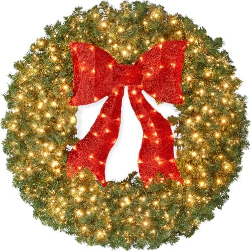 Best Choice Products 24in Large Artificial Pre-Lit Fir Christmas Wreath Holiday Accent Decoration for Door, Mantel w/Red Lighted Bow, 70 LED Lights, 100 PVC Tips, Battery Operated by BestChoiceProducts