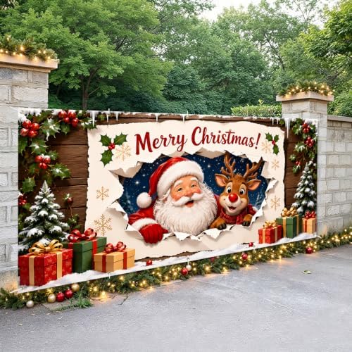 7x16FT Merry Chrismas Garage Door Banner Gingerbread Deer Snowman Santa Claus Winter Garage Door Cover Decoration for Chrismas Outdoor Decoration - Image 5