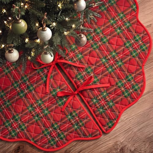 Junkin Red Green Plaid Quilted 60in Christmas Tree Skirt Tartan Tree Decor by Junkin