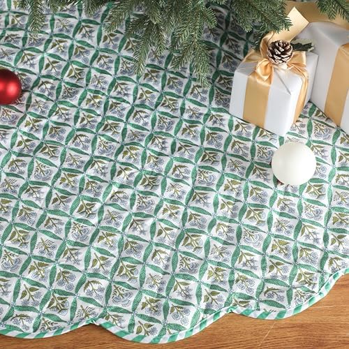MiniInflat Quilted Christmas Tree Skirt - Vintage Floral Block Print Christmas Tree Skirt with Scalloped Edge Thicken Cotton for Home Decorations Holiday Party Gift(60 Inch,Checkered Floral,Green) - Image 3