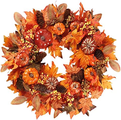 Sggvecsy Fall Wreath 20’’ Autumn Front Door Wreath with Various Pumpkin Cluster of Berries Maple Leaves Pine Cones for Outside Indoor Wall Window Festival Thanksgiving Harvest Autumn Fall Decor by Sggvecsy