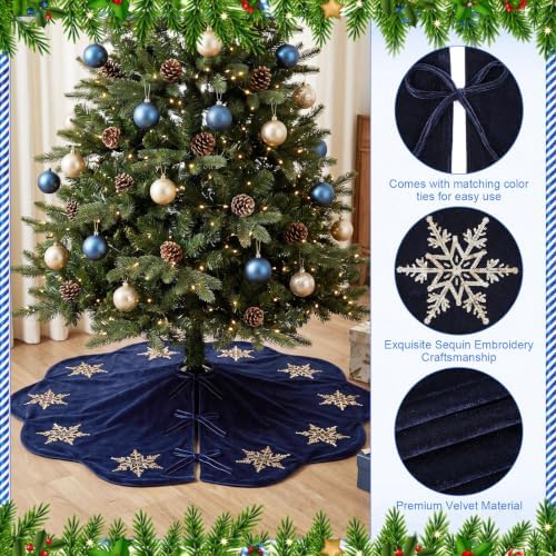 Hollowfly Navy Blue Velvet Christmas Tree Skirt with Sequin Snowflake 48'' - Image 3