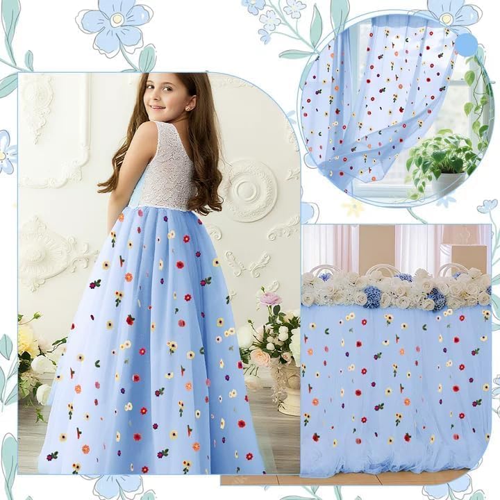 6PCS Blue Floral Table Runner 10 FT, Embroidery Daisy Table Runners Seasonal Spring Summer Sheer Tulle Dining Table Decor for Home Party Birthday Decor 29x120 Inch ﻿ - Image 7