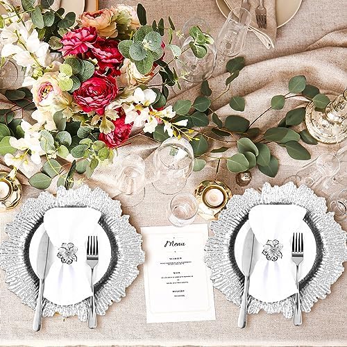 Dandat 24 Pcs Charger Plate Bulk 13'' Floral Reef Plates with Napkin Ring 12 Plastic Dinner Charger Plate 12 Flower Napkin Holder for Table Setting Wedding Party (Silver) - Image 5