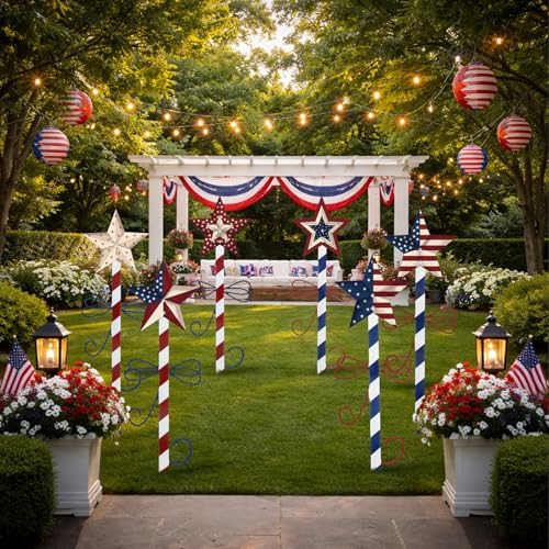 6 Pcs 15" 4th of July Metal Yard Stakes Patriotic Outdoor Garden Decorations Stake Red Blue White Star Yard Sign for 250th Independence Day Porch Patio Walkway Lawn Decoration - Image 2