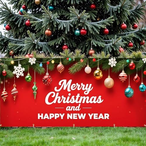 16x7Ft Dual Holiday Garage Door Banner - Happy New Year on Red Background with Ornaments Large Backdrop cover,Outdoor/Indoor Decor for Party Home - Image 5