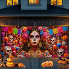 Day of the Dead Garage Door Banner 7x16 FT - Dia De Los Muertos Catrina Sugar Skull Backdrop Cover with Mexican Papel Picado Flowers Candles Decor for Double Car Garage Door Outdoor Fiesta Party by THISFIND