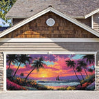 7 * 16FT Summer Sunset Garage Door Cover Decorations Sunset Palm Trees Garage Door Banner for Outdoor Indoor Summer Party Photography Backdrop by ANNAQUEEN