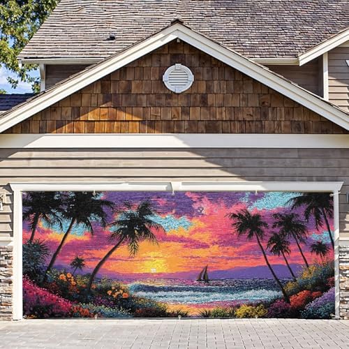 7 * 16FT Summer Sunset Garage Door Cover Decorations Sunset Palm Trees Garage Door Banner for Outdoor Indoor Summer Party Photography Backdrop by ANNAQUEEN