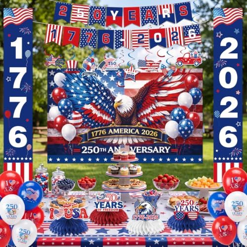 Sabary 48 Pcs 4th of July Decorations 250th Anniversary Patriotic Decoration Red White Blue Porch Banners Backdrop Hanging Swirls Balloons Honeycomb Centerpieces for Independence Day Party Supplies - Image 4
