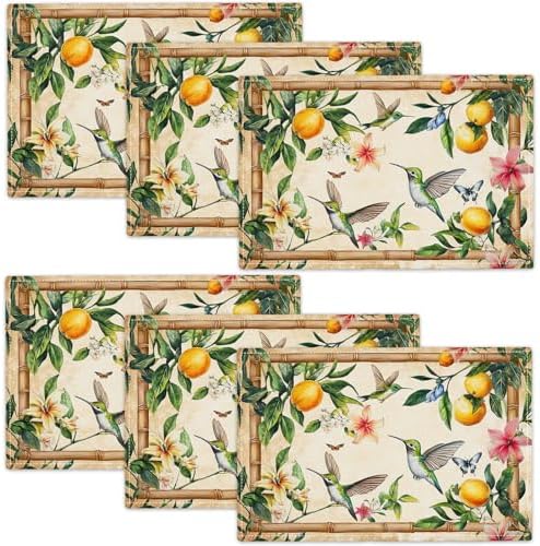 Farmhouse Lemon Placemats Set of 6 Rustic Flowers Hummingbirds Table Mats Bird Place Mats Decor Imitation Linen Heat Resistant Tablecloth for Dining Decorations Kitchen Party Restaurants 12''x18'' by gkmaolt