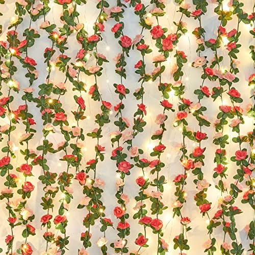 BLEUM CADE 8Pcs 16.4Ft Fake Flower Garland Faux Rose Vines with Lights by BLEUMCADE