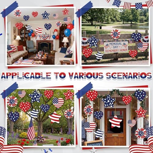 RattanView 12 Pcs Large Outdoor 4th of July Hanging Decor Patriotic Tree Ornaments 12'' and 10'' Red White Blue Plastic Tags with String Lawn Yard Garden for Independence Day 250th Anniversary Decor - Image 5