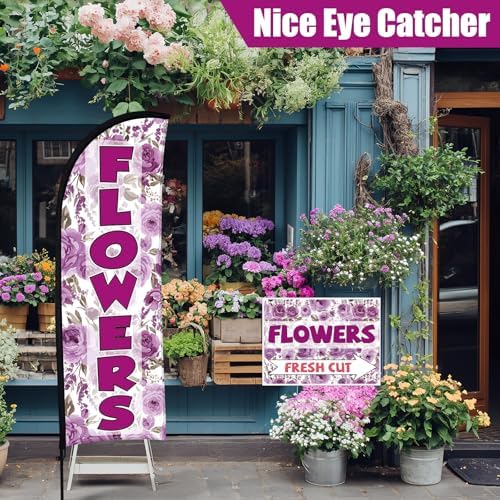 Buryeah 5 Sets Flower Banner Sign Kit Including 1 Flower Feather Flag 4 Double Sided Arrows Signs with Metal Stakes for Outside, Business Advertising, Directional Signage (Purple) - Image 3